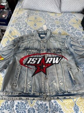 Firs Row Men’s Vintage-Style Distressed Denim Jacket Size 2X